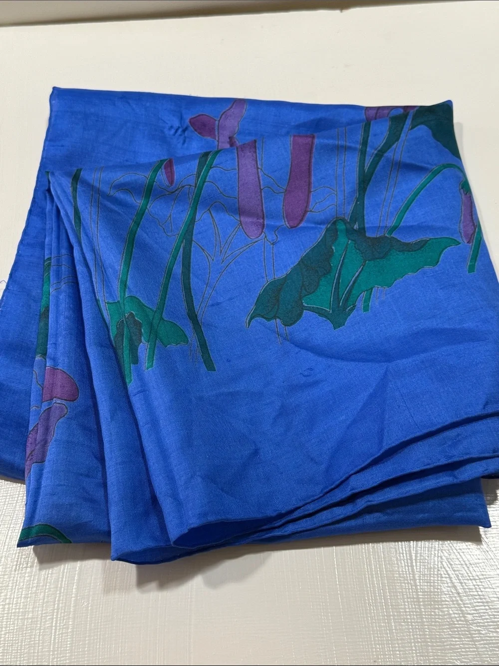 Vibrant Blue Floral Silk Scarf block printed stunning 35” by 36”